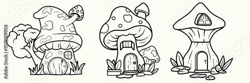 Doodle lineart Cartoon fantasy houses for fairies garden gnome houses, cute fairy tale dwarfs house. for coloring pages and tshirt kids element.