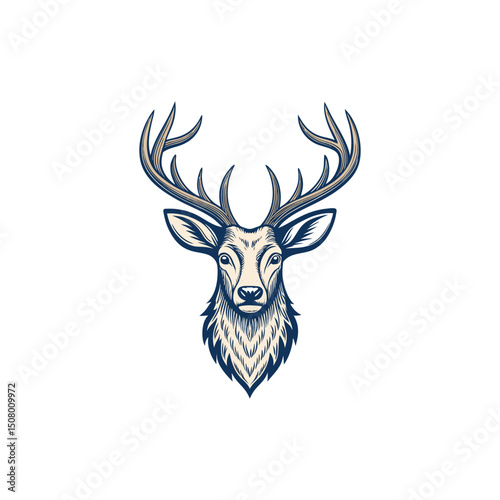 A minimalist deer iconic logo design Black and white illustration, deer head silhouette, majestic antlers, minimalist design, elegant profile, stylized wildlife art, sharp contrast, vector graphic