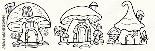Doodle lineart Cartoon fantasy houses for fairies garden gnome houses, cute fairy tale dwarfs house. for coloring pages and tshirt kids element.