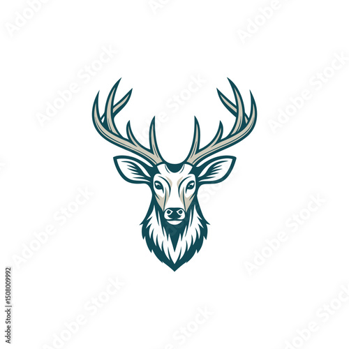 A minimalist deer iconic logo design Black and white illustration, deer head silhouette, majestic antlers, minimalist design, elegant profile, stylized wildlife art, sharp contrast, vector graphic