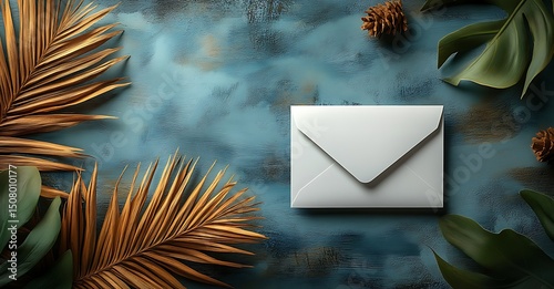 White Envelope Mockup with Tropical Leaves and Pine Cones

