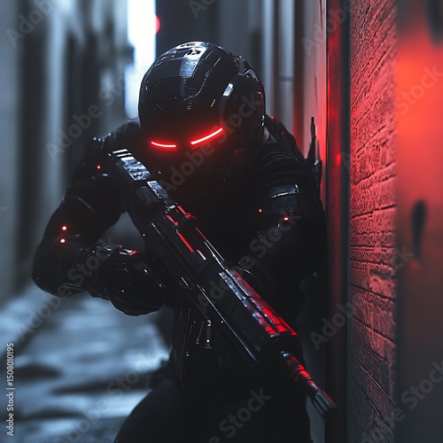 Futuristic soldier in a dark alleyway.