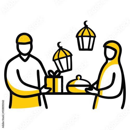 Vector illustration of Muslim man serving food to Muslim woman at the table.