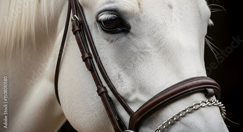 close up of a horse.Elegant White Horse Portrait with Detailed Bridle.
