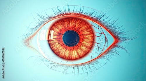A striking closeup of a fiery red eye reflecting intense emotion perhaps rage or passion showcasing fine capillaries