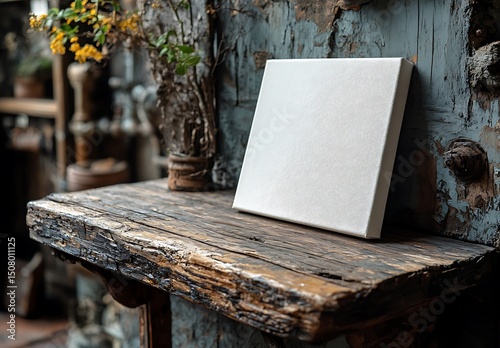 Blank Canvas Mockup on Rustic Table with Greenery Decor

 photo