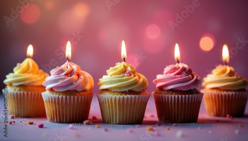 Row of colorful cupcakes with burning candles and soft bokeh , candlelight, overhead