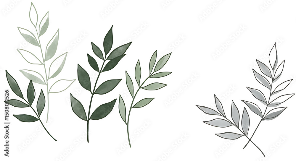 Fototapeta premium Elegant Watercolor Greenery Botanical Leaves Branches Foliage Design Elements