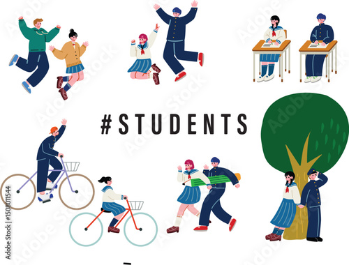 制服を着た学生のイラストセット