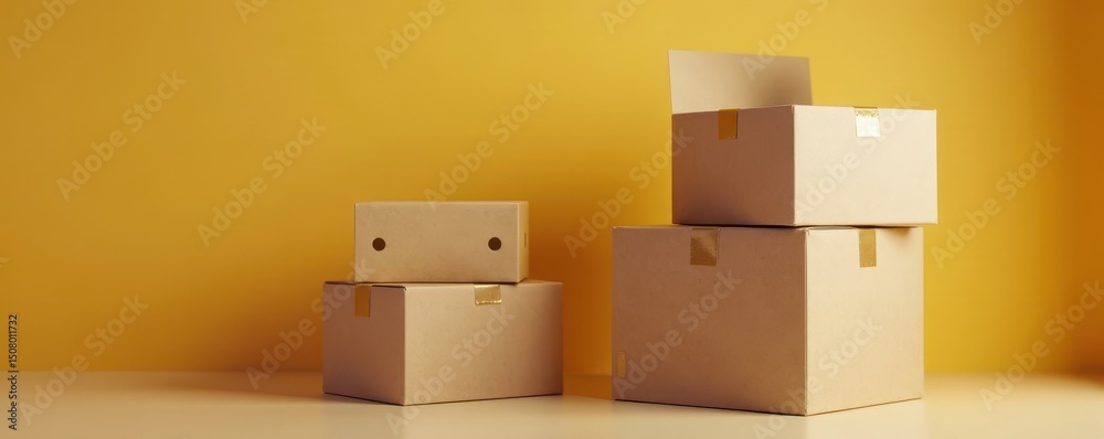 Obraz premium Stack of sealed moving boxes, brown cardboard, household, shipment, belongings