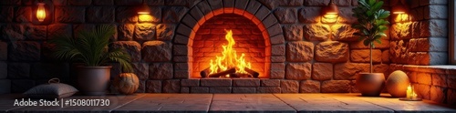 Stone wall backdrop, vibrant fire, inviting ambiance, fire, interior