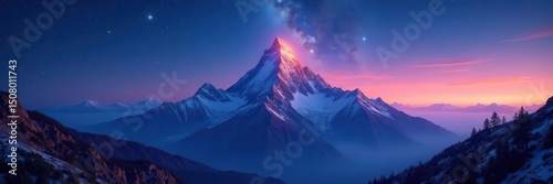 Starlight peak, celestial mountain, majestic glow, apex, stone