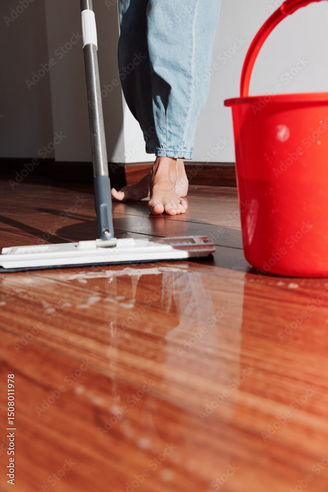 Fototapeta premium Woman cleaning hardwood floor with bucket of water and mop