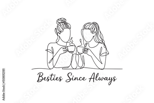 Best Friend Illustration Line Art Two Women Drinking Coffee Together