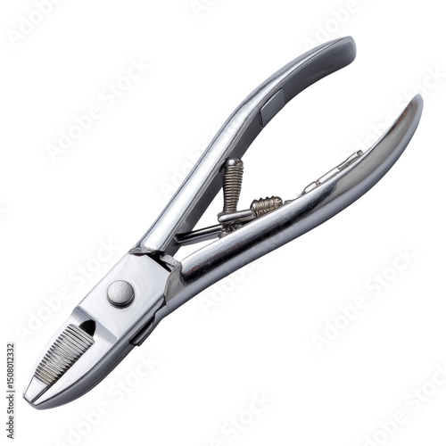 Nail technician tool for precise nail care made of shiny metal with spring mechanism for easy use and professional results