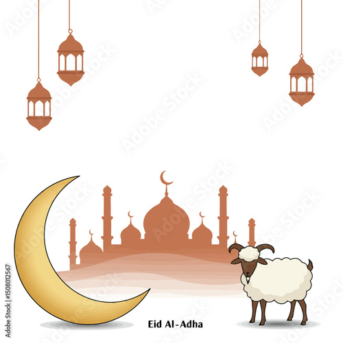 Eid al-Adha Illustration with Mosque, Moon, and Sheep