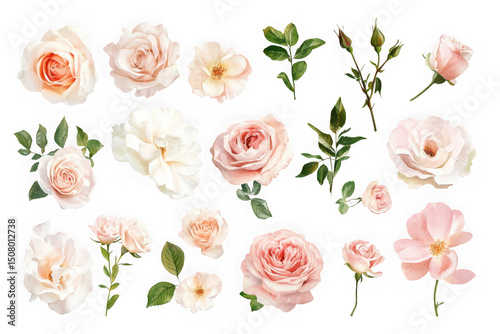 Beautiful pink and white roses clipart, floral arrangement, watercolor flowers, wedding decoration, botanical illustration isolated on transparent background
