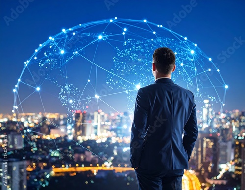 Businessman views global network over cityscape at night