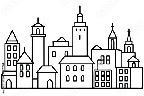 A black and white drawing of buildings creates a cityscape outline beautifully