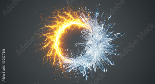 Abstract Fiery Plasma Ring and Shattered Ice Crystals Collision Energy Contrast