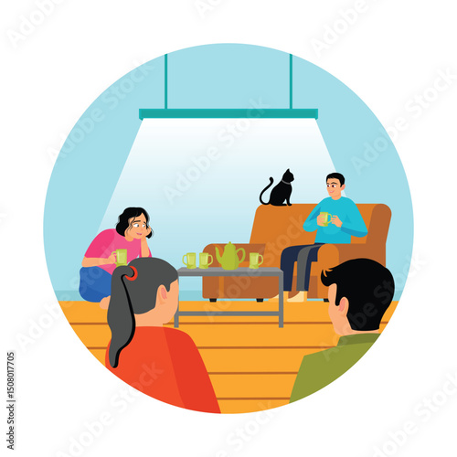 Group of Friends Sitting in Room Furnished, Drinking Tea and Talking to Each Other.