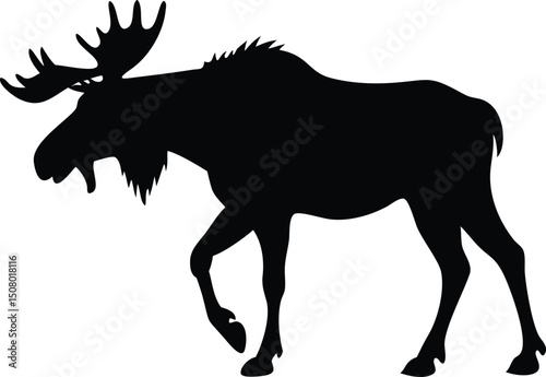 A large black silhouette of a powerful moose majestically walks across a white background