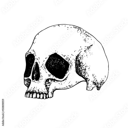 Half skull human profile Graphic illustration with white plate. Gothic's style concept for Halloween design, Day of the Dead, for textile, packaging, stationery, apparel. Black hand drawn vector