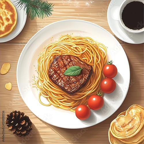 A plate of spaghetti with grilled steak and cherry tomatoes.
