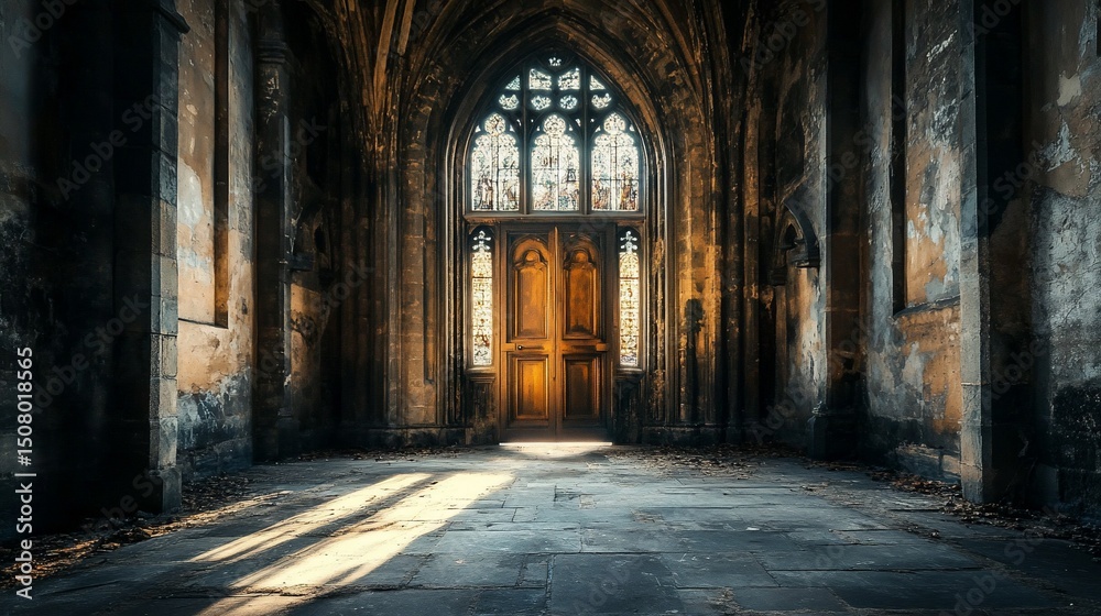 Fototapeta premium Mysterious Gothic Doorway with Stained Glass Windows in an Ancient Hall