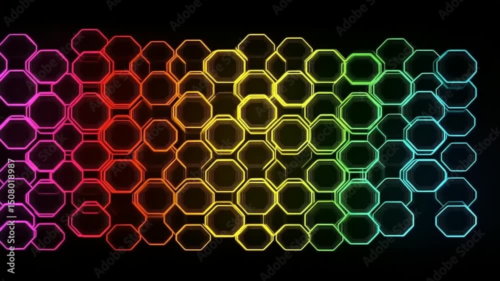 Vibrant geometric pattern featuring hexagons in a rainbow gradient on a black background