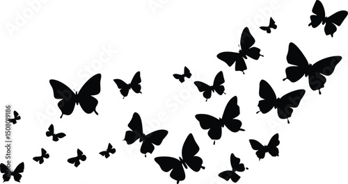 A swarm of black butterfly silhouettes moves across the white space dynamically