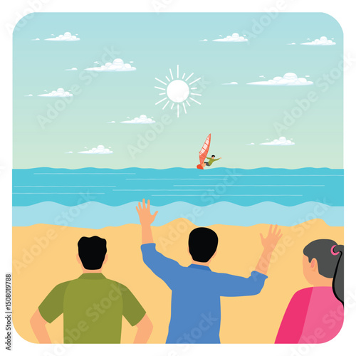Friends Watching Windsurfing at the Beach.