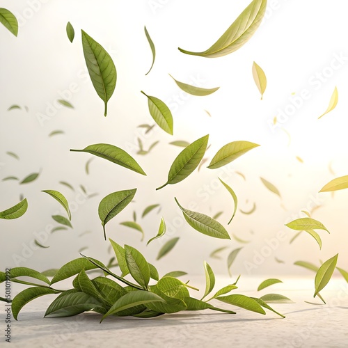 Spiral Dance of Green Tea Leaves in Soft Wind, floating tea leaves, herbal minimalism, airy botanical design, mid-air motion, green leaf swirl, awe, surreal, elegance, majestic, ethereal, aesthetic