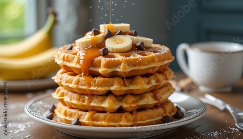 Delicious Stack of Golden Waffles with Sliced Bananas, Chocolate Chips, and Caramel Drizzle, Powdered Sugar Dusting on a Cozy Breakfast Setting