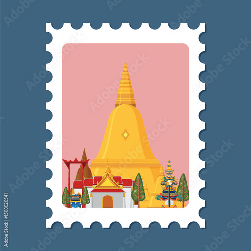 Thai Temple Illustration on Postage Stamp Design
