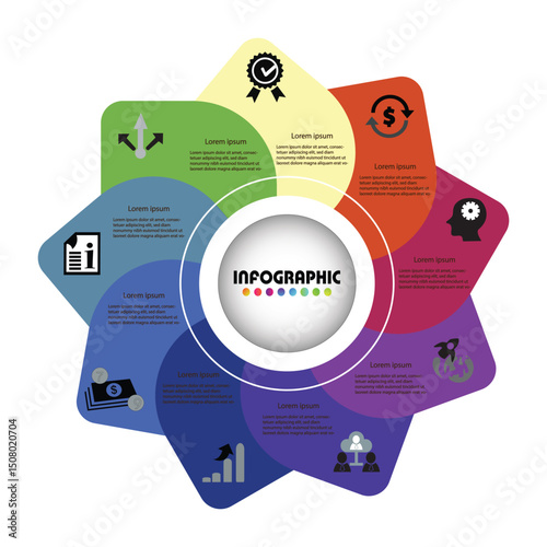 Colorful circular business infographic with 9 petal segments, icons, and editable text for presenting data, strategy, or process in a modern and creative style.








