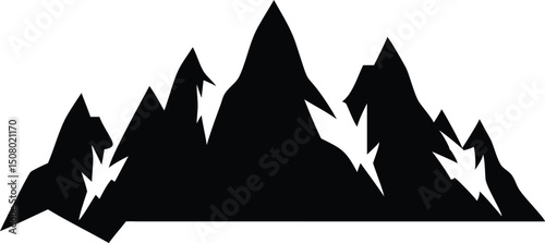 Black and white mountain range displays jagged peaks against a stark white backdrop