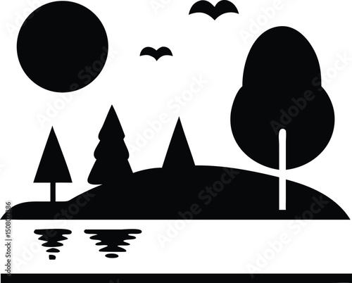 Black and white presents trees, birds, water, and a rising sun with simplistic form