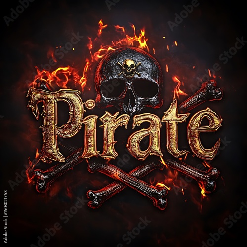 Fiery pirate text with skull and crossbones.