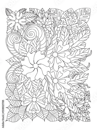 Black and white flower pattern for coloring. Doodle floral drawing. For adult and kids. Doodle floral drawing. Art therapy coloring page. Simple coloring flower page.