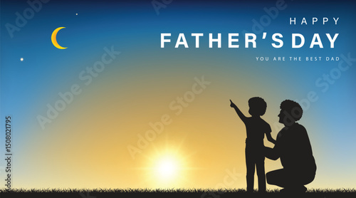 Happy father's day with silhouette of dad and son on the memory of childhood with blue banner template background