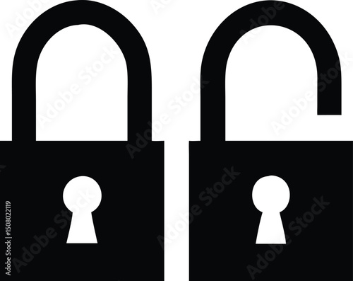 Black lock and unlocked security icons signify safety, privacy, and digital protection concept