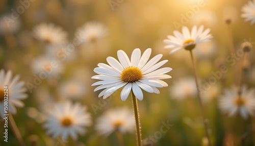 Sunny White Daisy Flower Blooming in a Summer Meadow, Close-up of Chamomile or Oxeye Daisy with Yellow Center and White Petals