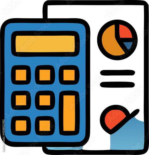An icon of a blue calculator and a financial report with a pie chart and lines outlined in black