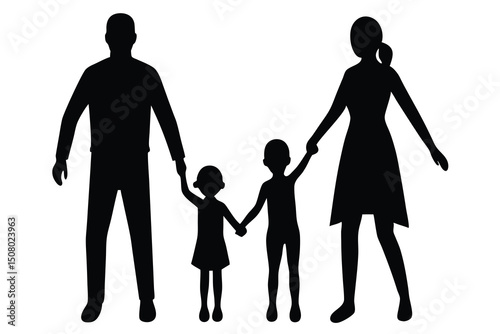 Black silhouette portrays parents holding hands with their children, walking together on a white backdrop