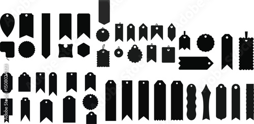 A set of black book tag silhouettes featuring various shapes — rounded, pointed, ribbon-end, notched, and classic bookmark styles. 