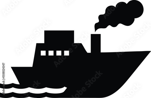 Black silhouette shows a steamboat churning waves and emitting dark smoke on a voyage