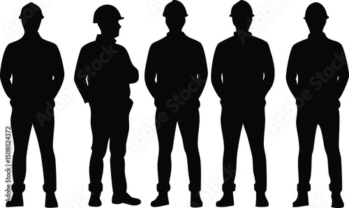 Black silhouette shows multiple workers standing wearing helmets and clothes suitable for construction professions at workplace