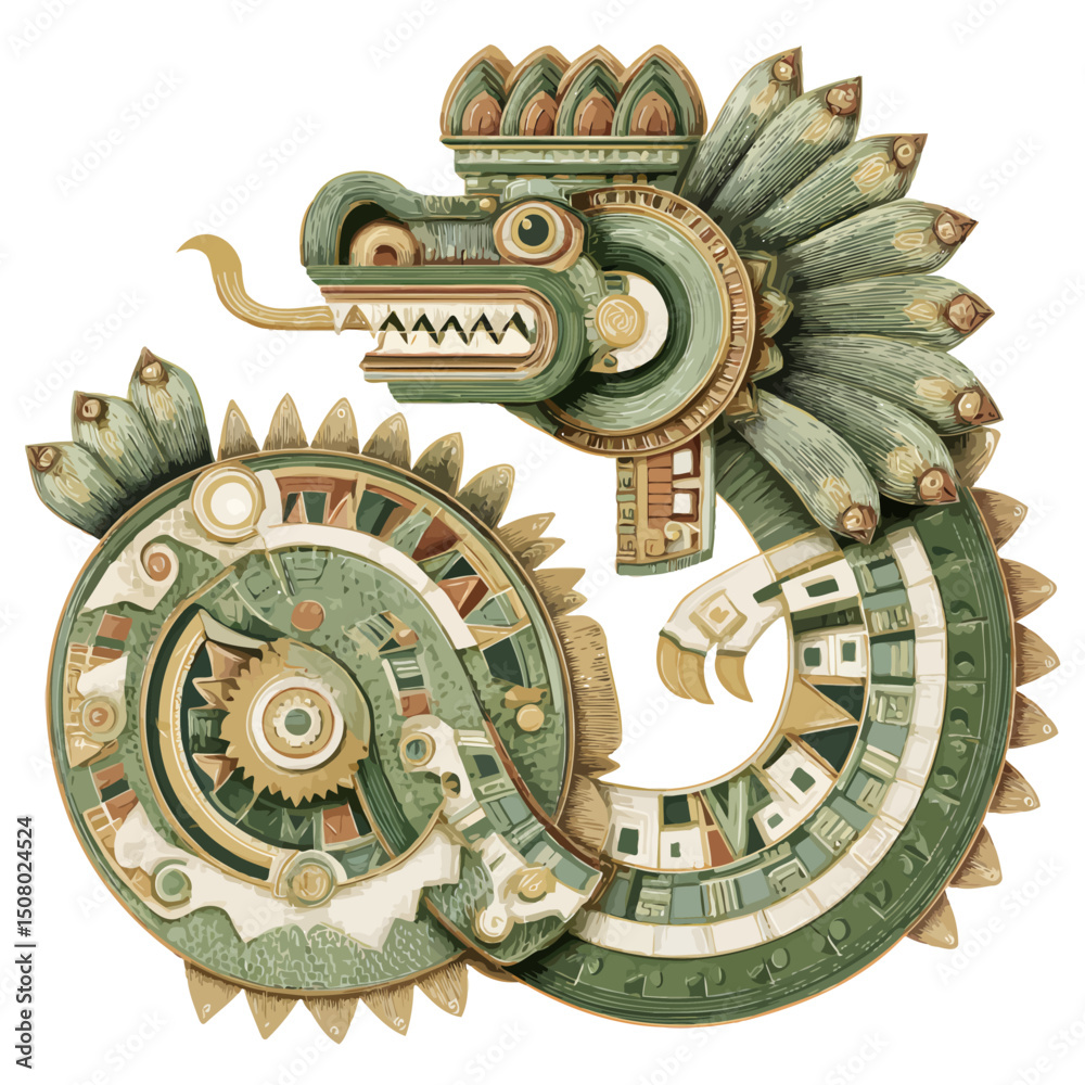 Obraz premium Quetzalcoatl in vibrant green and gold, adorned with Aztec patterns