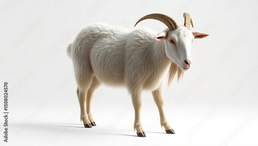 Obraz premium 3D Render of Cute White Goat with Horns on White Background – Cartoon Farm Animal Illustration